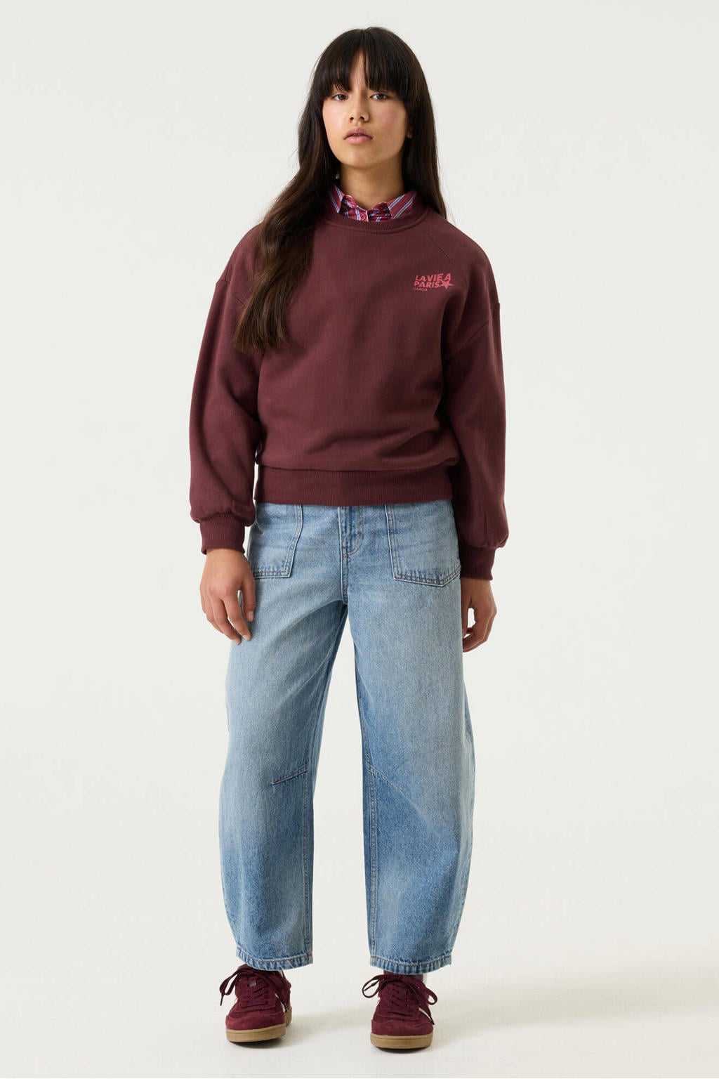Donkerrode meisjes Garcia rechtvallende sweater met backprint, lange mouwen, ronde hals en geribde boorden