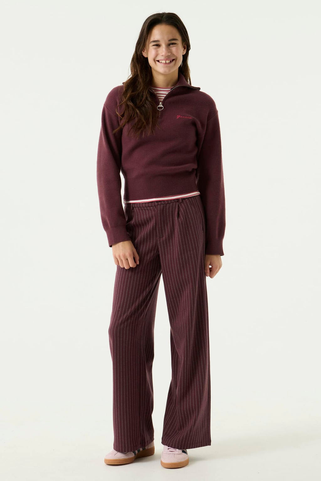 Donkerrode meisjes Garcia high waist straight leg casual broek met krijtstreepprint