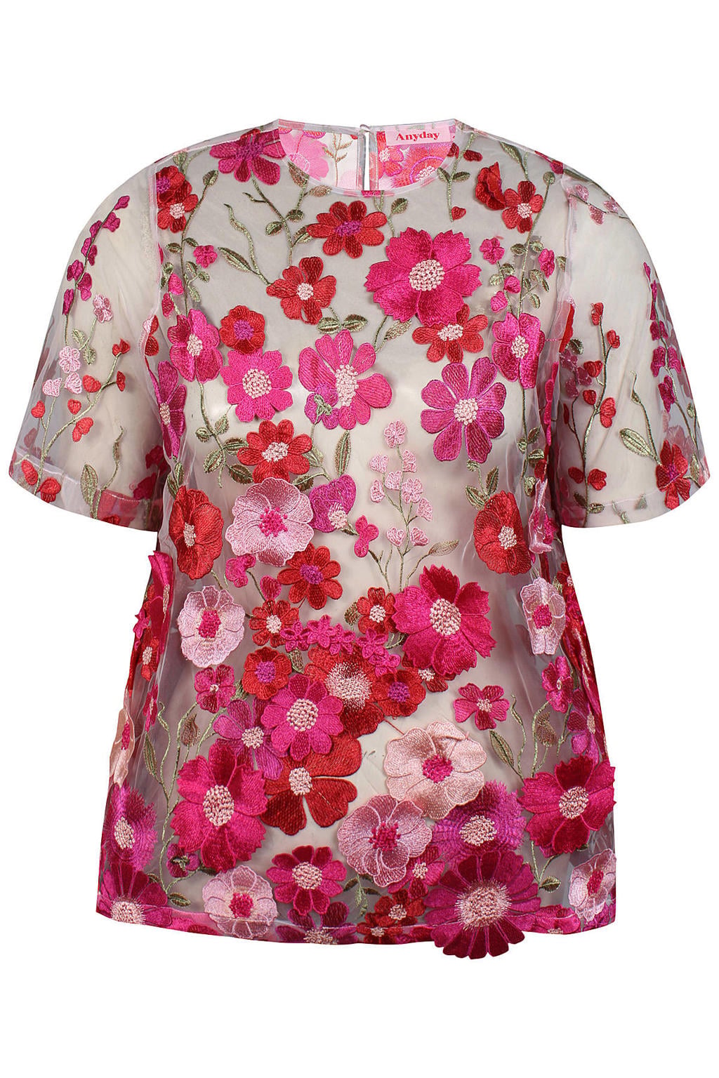 Roze dames Anyday gebloemde top van polyester met korte mouwen en ronde hals