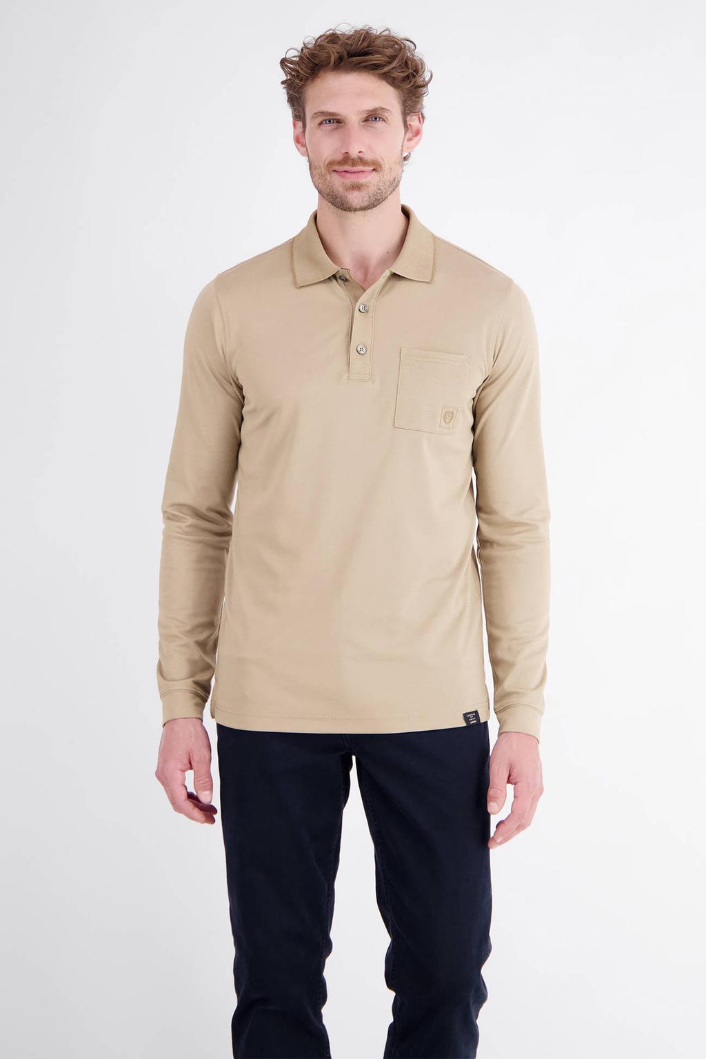 Beige heren LERROS regular fit polo van katoen met effen, lange mouwen en geribde boorden