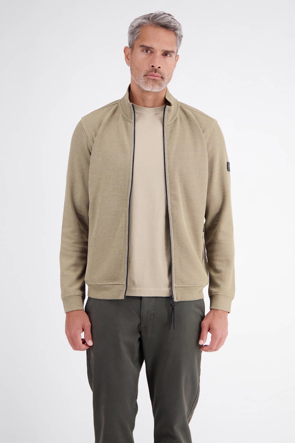 Beige heren LERROS gemêleerd sweatvest met melée print, lange mouwen, opstaande kraag, ritssluiting en geribde boorden