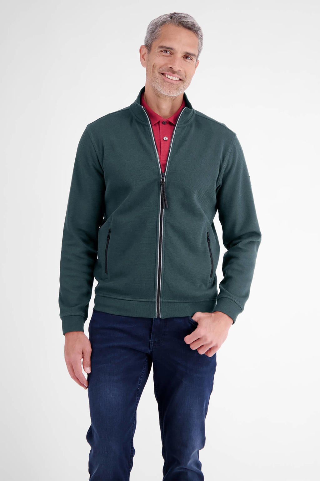 Donkergroene heren LERROS gemêleerd sweatvest met melée print, lange mouwen, opstaande kraag, ritssluiting en geribde boorden
