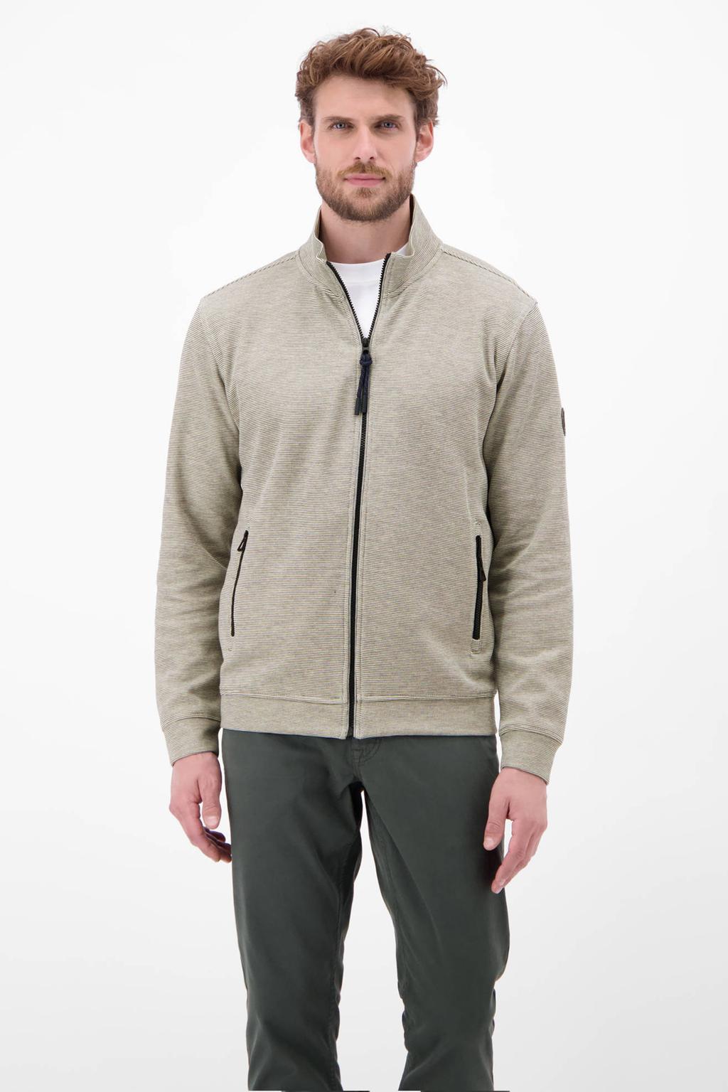 Ecru heren LERROS gemêleerd sweatvest met melée print, lange mouwen, opstaande kraag, ritssluiting en geribde boorden