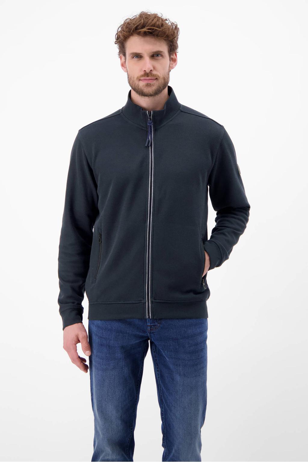 Donkerblauwe heren LERROS gemêleerd vest van sweat materiaal met melée print, lange mouwen, opstaande kraag, ritssluiting en geribde boorden