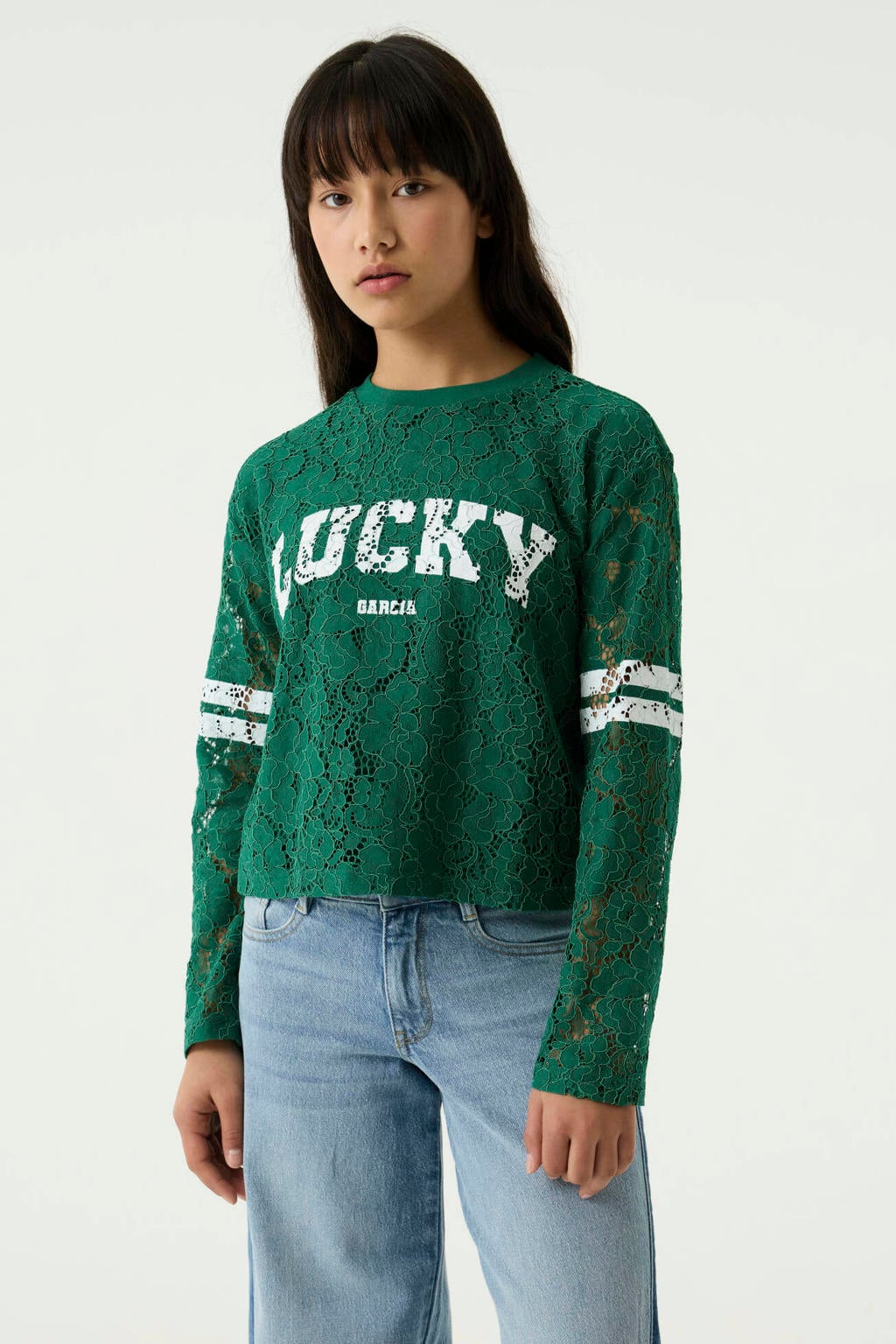 Garcia rechtvallende longsleeve met tekst - groen