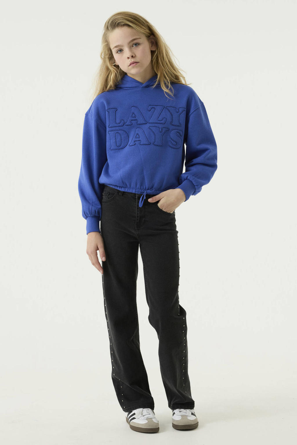 Black denim meisjes Garcia straight leg jeans van denim met rits- en knoopsluiting en effen