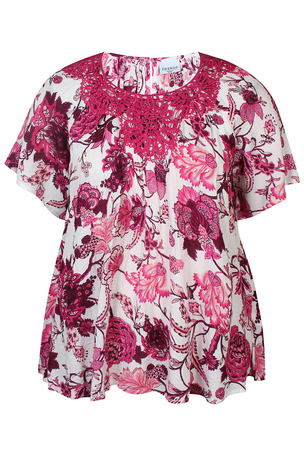 Roze en witte dames Zhenzi gebloemd T-shirt broderie van viscose met korte mouwen en ronde hals