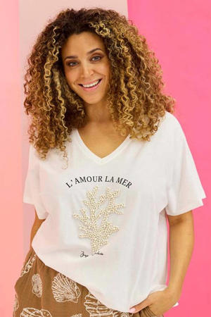 T-shirt met kraaltjes en print Plus Size - wit