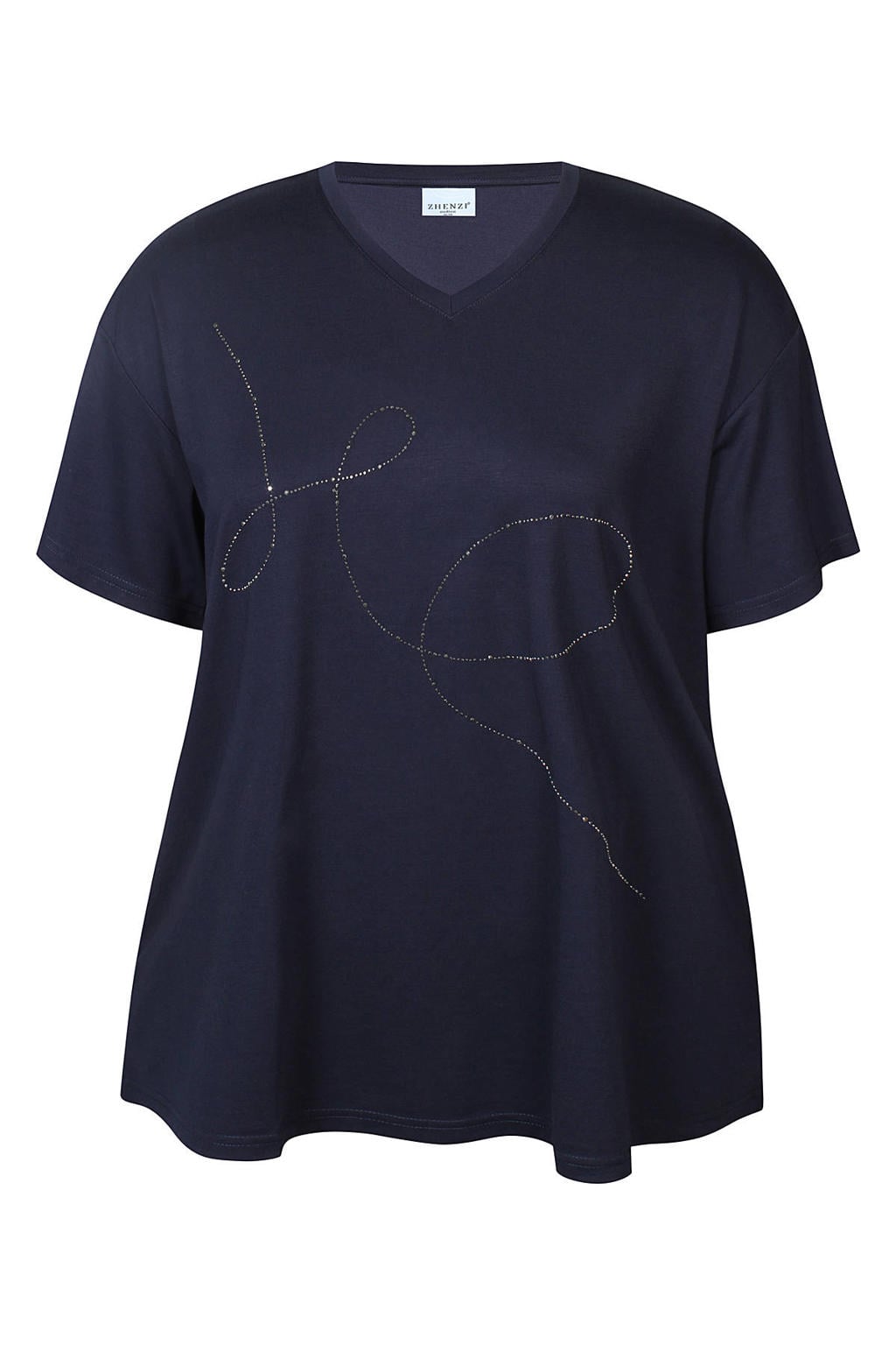 Donkerblauwe dames Zhenzi T-shirt Plus Size van viscose met effen, korte mouwen en strass steentjes