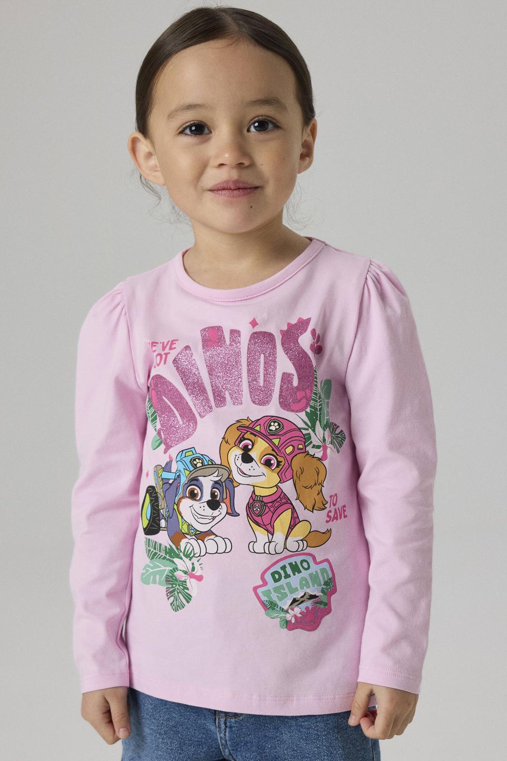 Roze meisjes NAME IT MINI regular fit Paw Patrol longsleeve van stretchkatoen met personage print, lange mouwen en ronde hals
