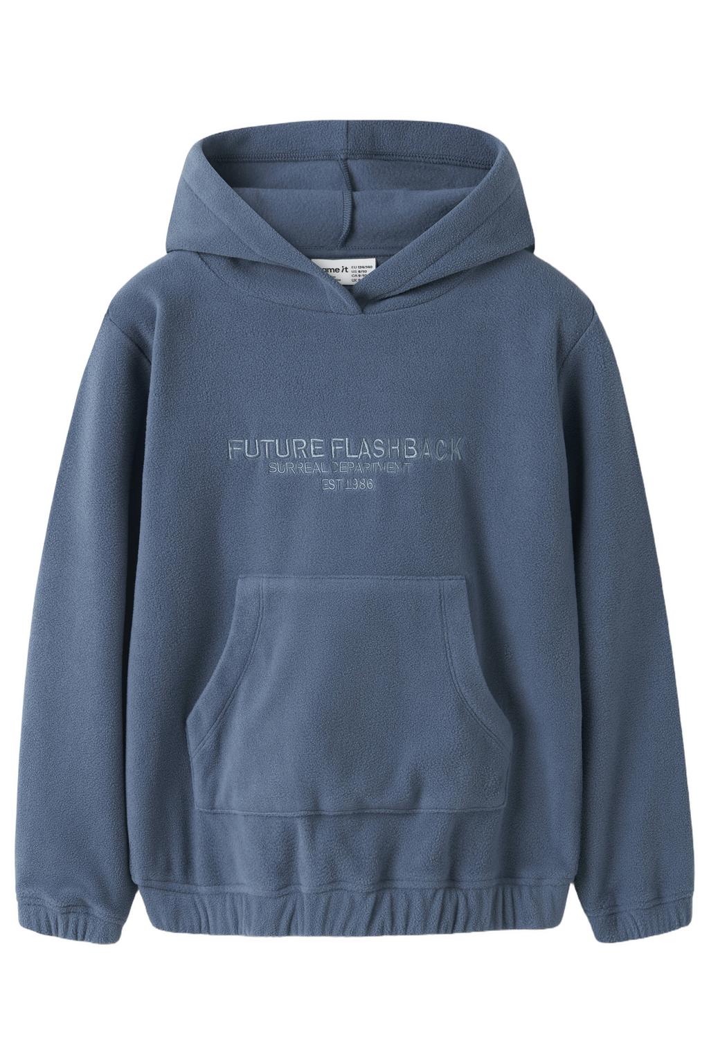 Blauwe jongens NAME IT KIDS hoodie van sweat materiaal met tekst print, lange mouwen, capuchon en borduursels