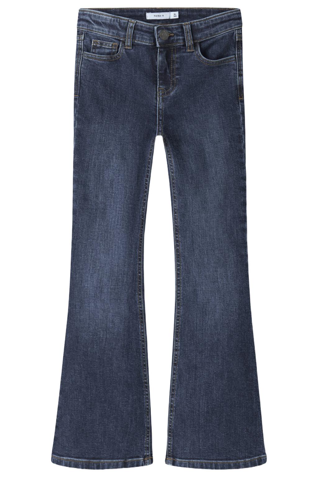 Dark blue denim meisjes NAME IT KIDS flared jeans van stretchdenim met regular waist, haaksluiting en effen