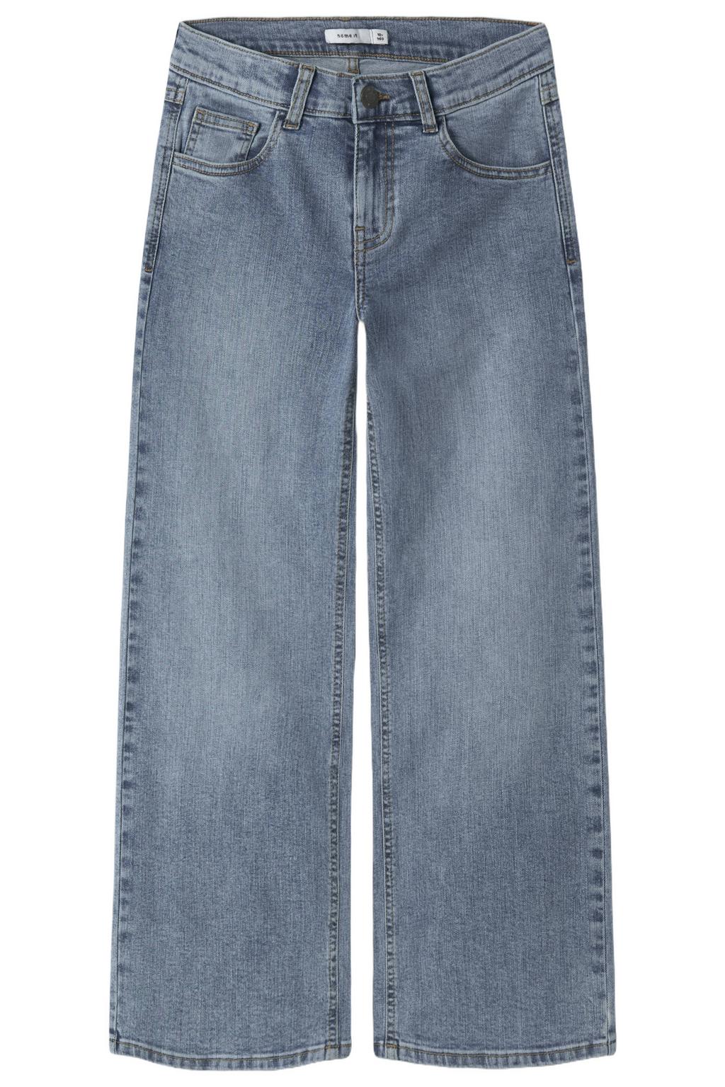Medium blue denim meisjes NAME IT KIDS wide leg jeans van stretchdenim met haaksluiting en effen