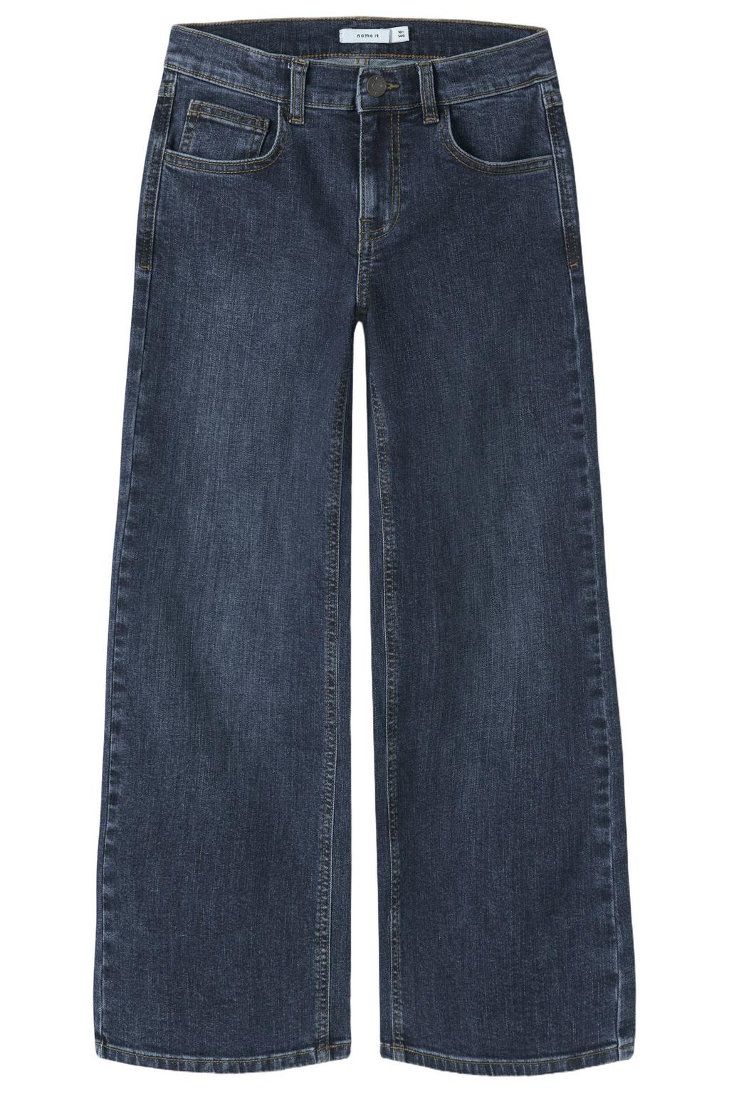Dark blue denim meisjes NAME IT KIDS wide leg jeans van stretchdenim met haaksluiting en effen