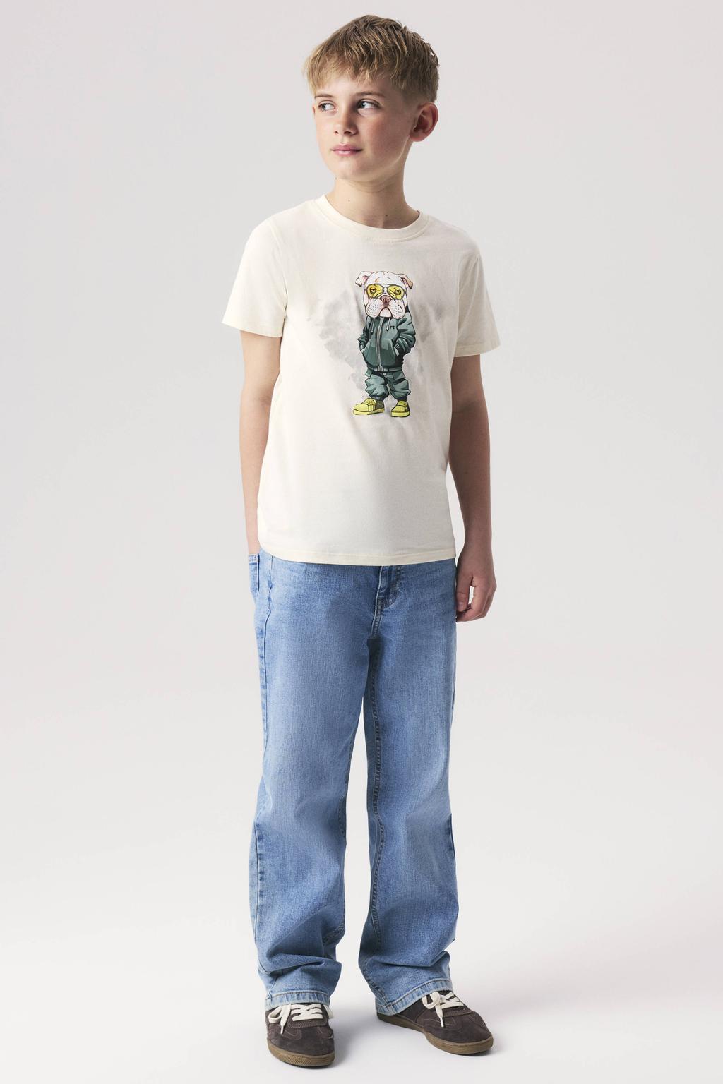 Medium blue denim jongens NAME IT KIDS straight leg jeans mediumblauw van stretchdenim met haaksluiting en effen