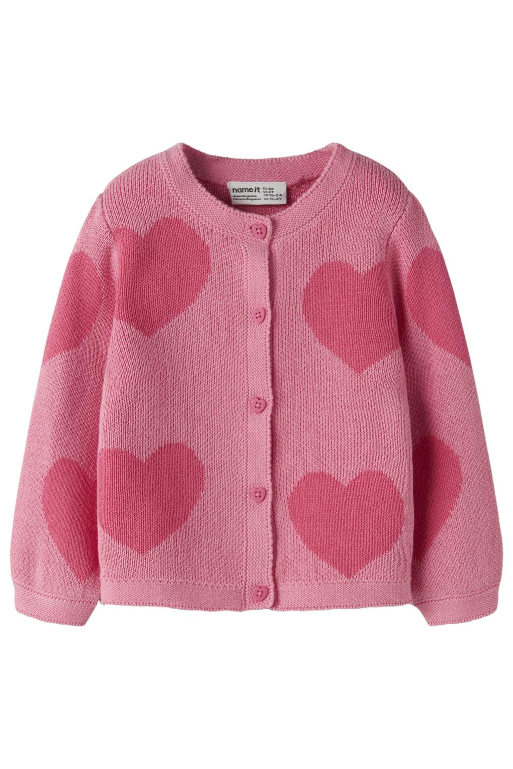 Roze meisjes NAME IT KIDS katoenen jacquard vest met lange mouwen, ronde hals en knoopsluiting