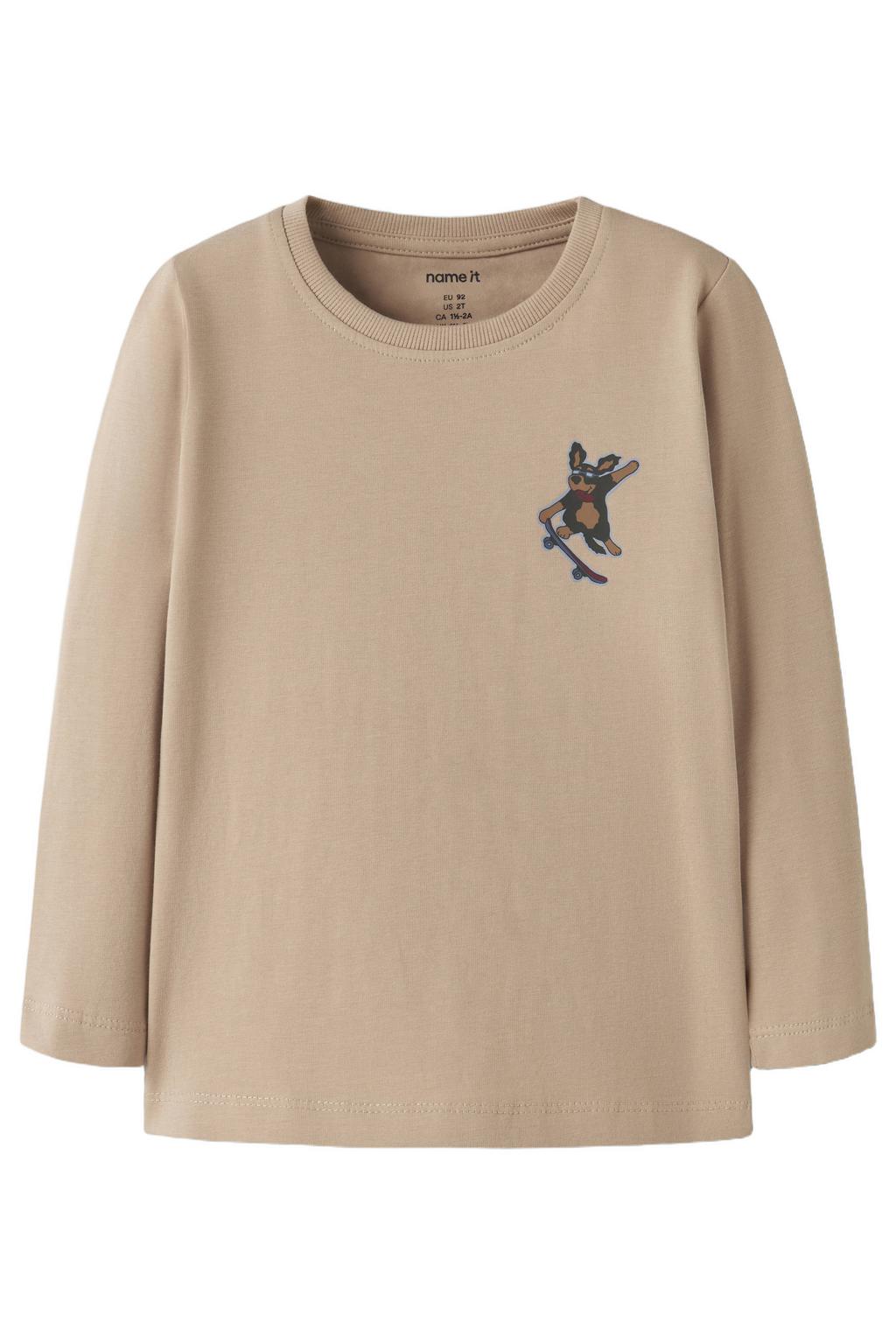 Beige jongens NAME IT MINI longsleeve van stretchkatoen met printopdruk, lange mouwen en ronde hals