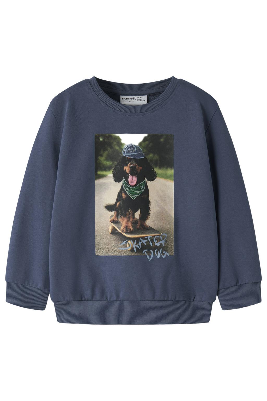 Donkerblauwe jongens NAME IT MINI sweater met printopdruk, lange mouwen, ronde hals en geribde boorden
