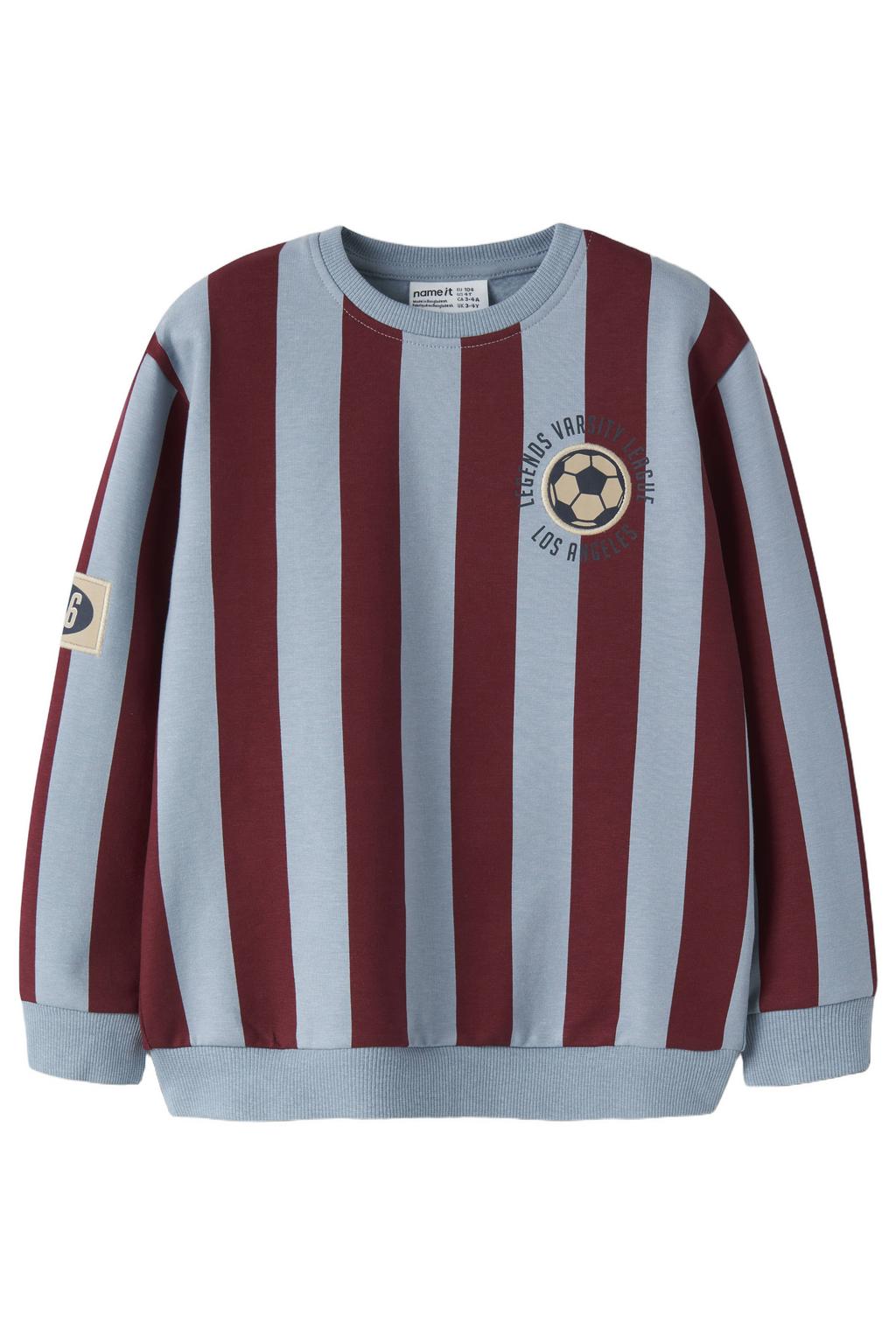 Lichtblauw en donkerrode jongens NAME IT MINI gestreepte sweater en met backprint, lange mouwen, ronde hals en borduursels