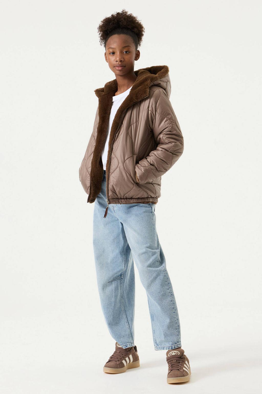 Bruine meisjes Garcia faux fur jas van polyester met effen, lange mouwen, capuchon en ritssluiting