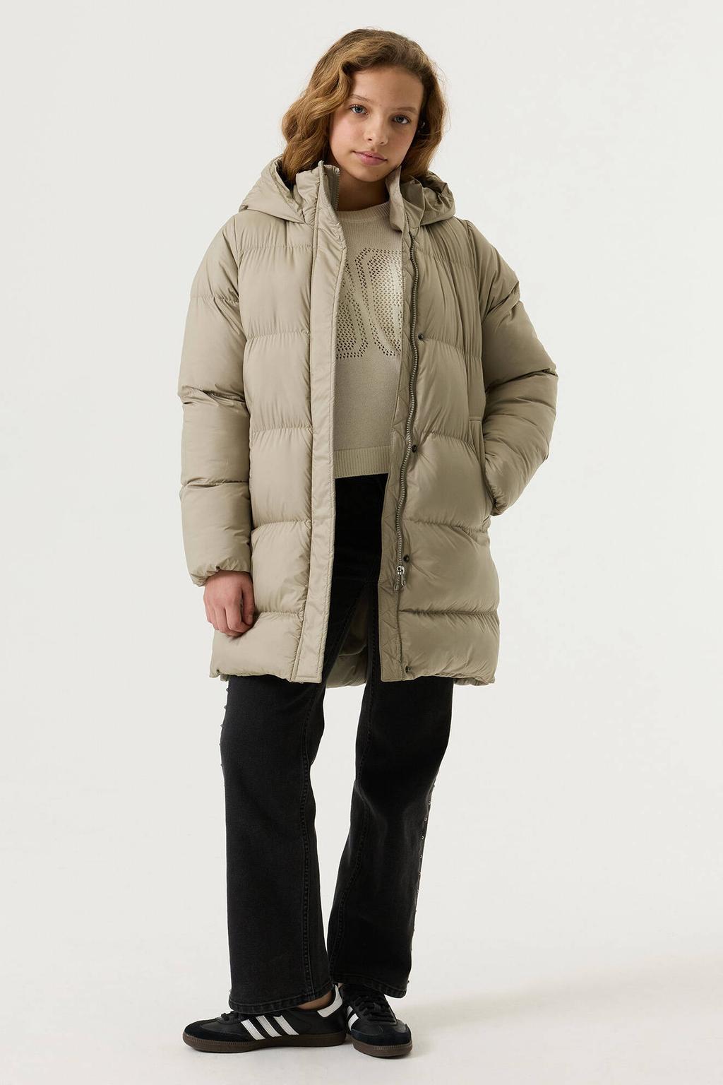 Beige meisjes Garcia gewatteerde winterjas van polyester met effen, lange mouwen, capuchon en blinde ritssluiting