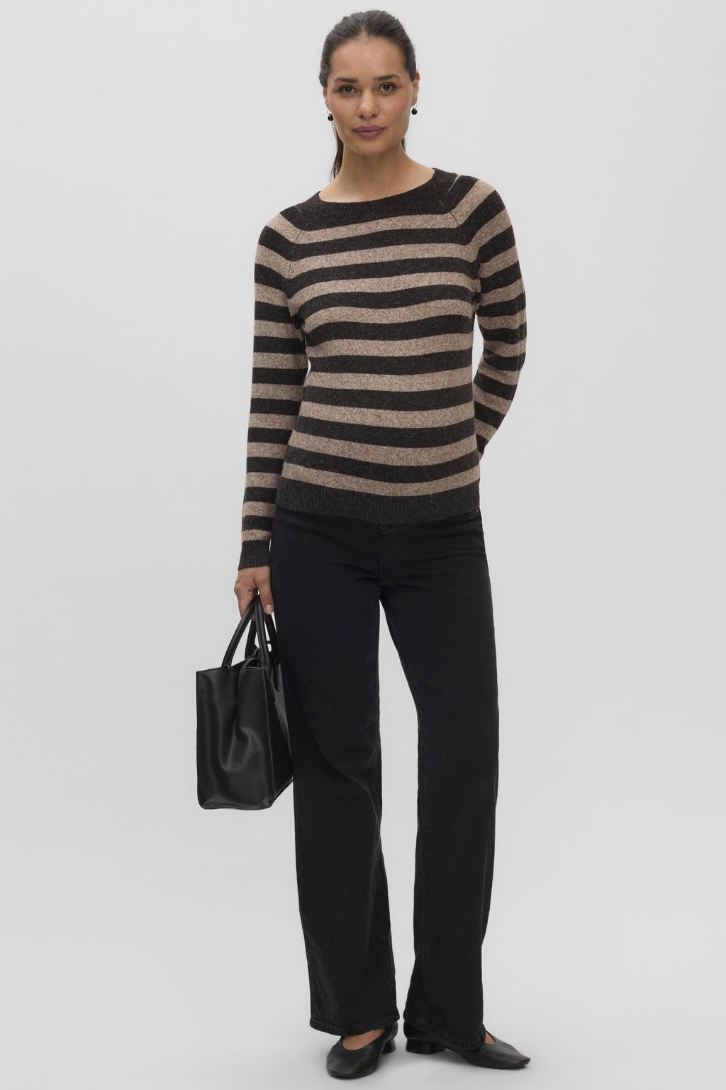Bruin en donkerblauwe dames VERO MODA MATERNITY zwangerschaps trui gebreid van polyester met effen, lange mouwen, ronde hals en beugel