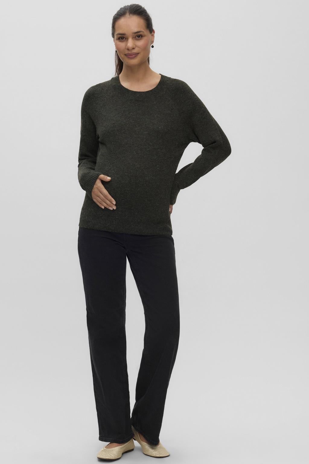 Donkergroene dames VERO MODA MATERNITY zwangerschaps trui gebreid van polyester met effen, lange mouwen, ronde hals en beugel
