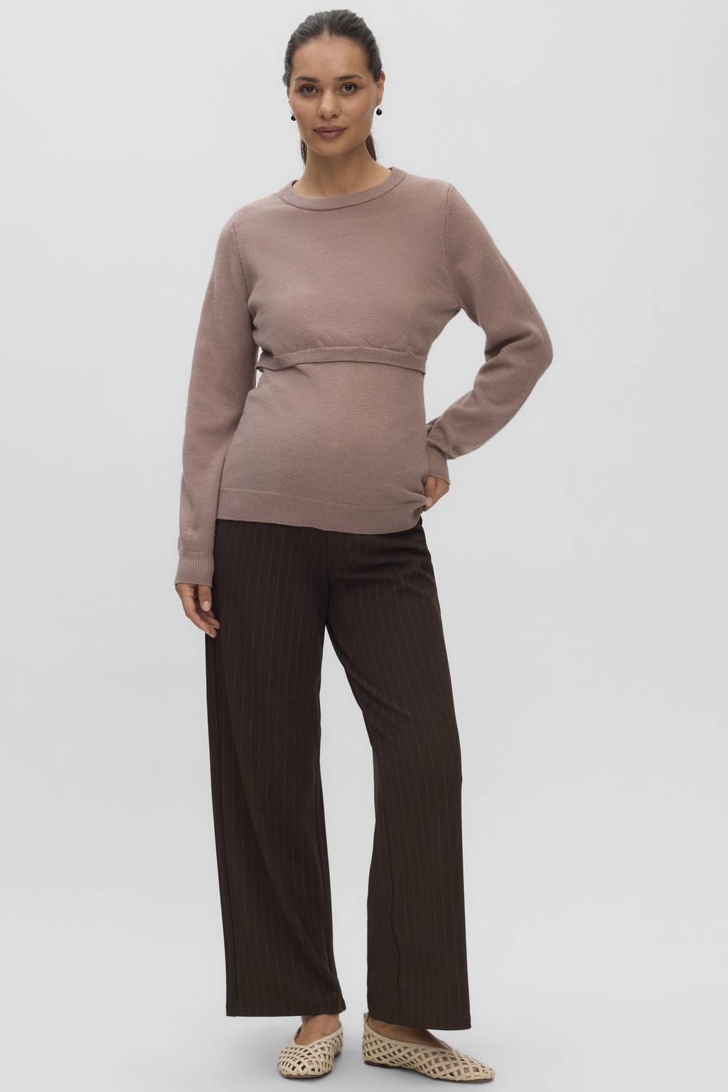 Bruin en ecru dames VERO MODA MATERNITY wide leg gestreepte zwangerschapsbroek met high waist