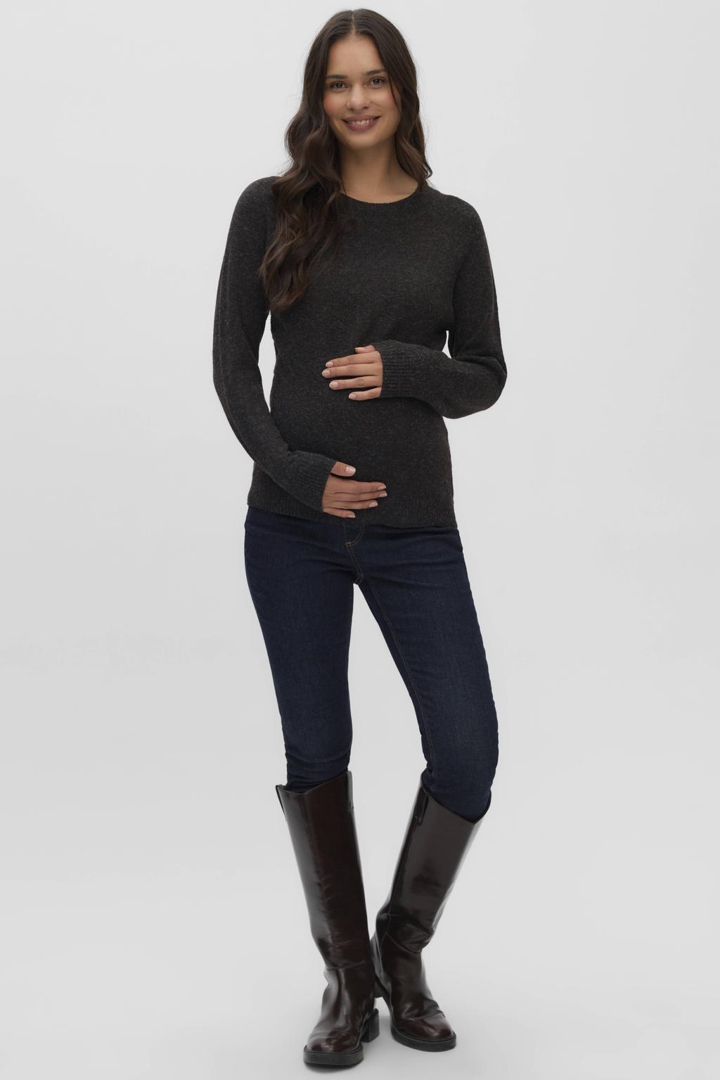 Bruin en antraciete dames VERO MODA MATERNITY zwangerschaps trui gebreid van polyester met effen, lange mouwen, ronde hals en beugel