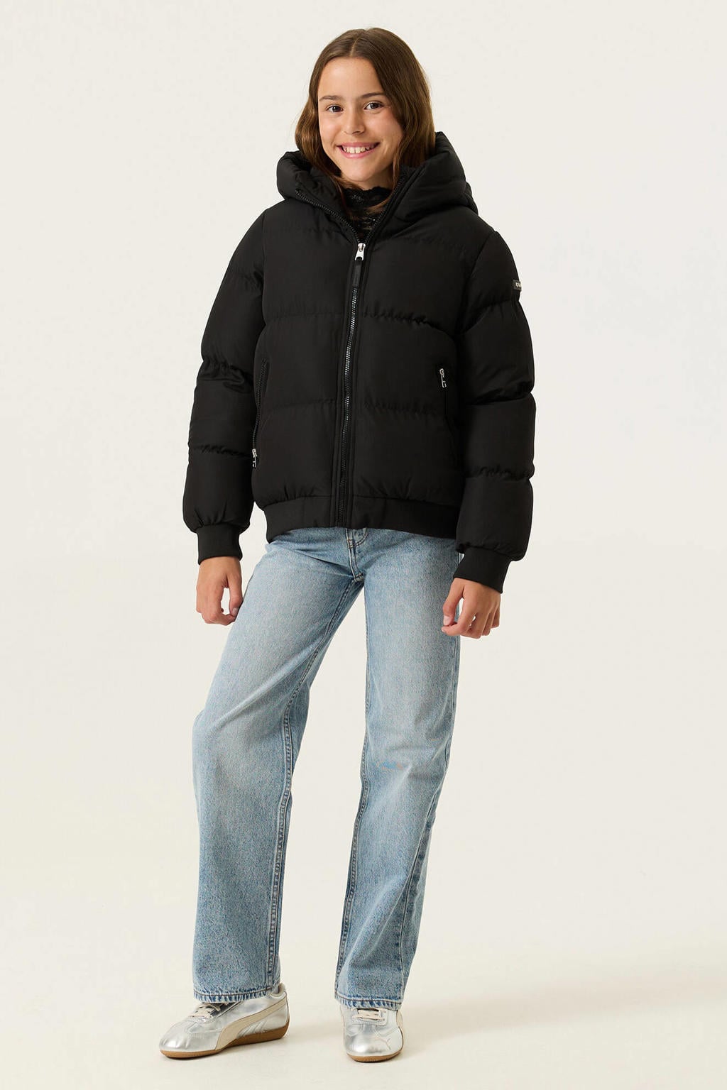 Zwarte meisjes Garcia winterparka van polyester met effen, lange mouwen, capuchon en ritssluiting