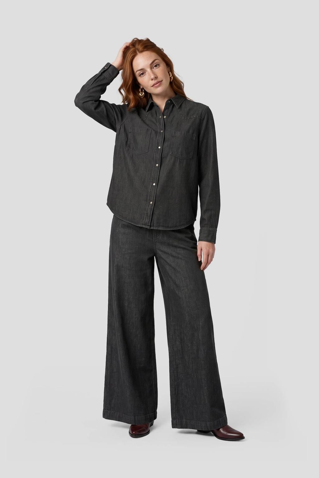 Zwarte dames Anytime wide leg broek van denim met high waist en effen