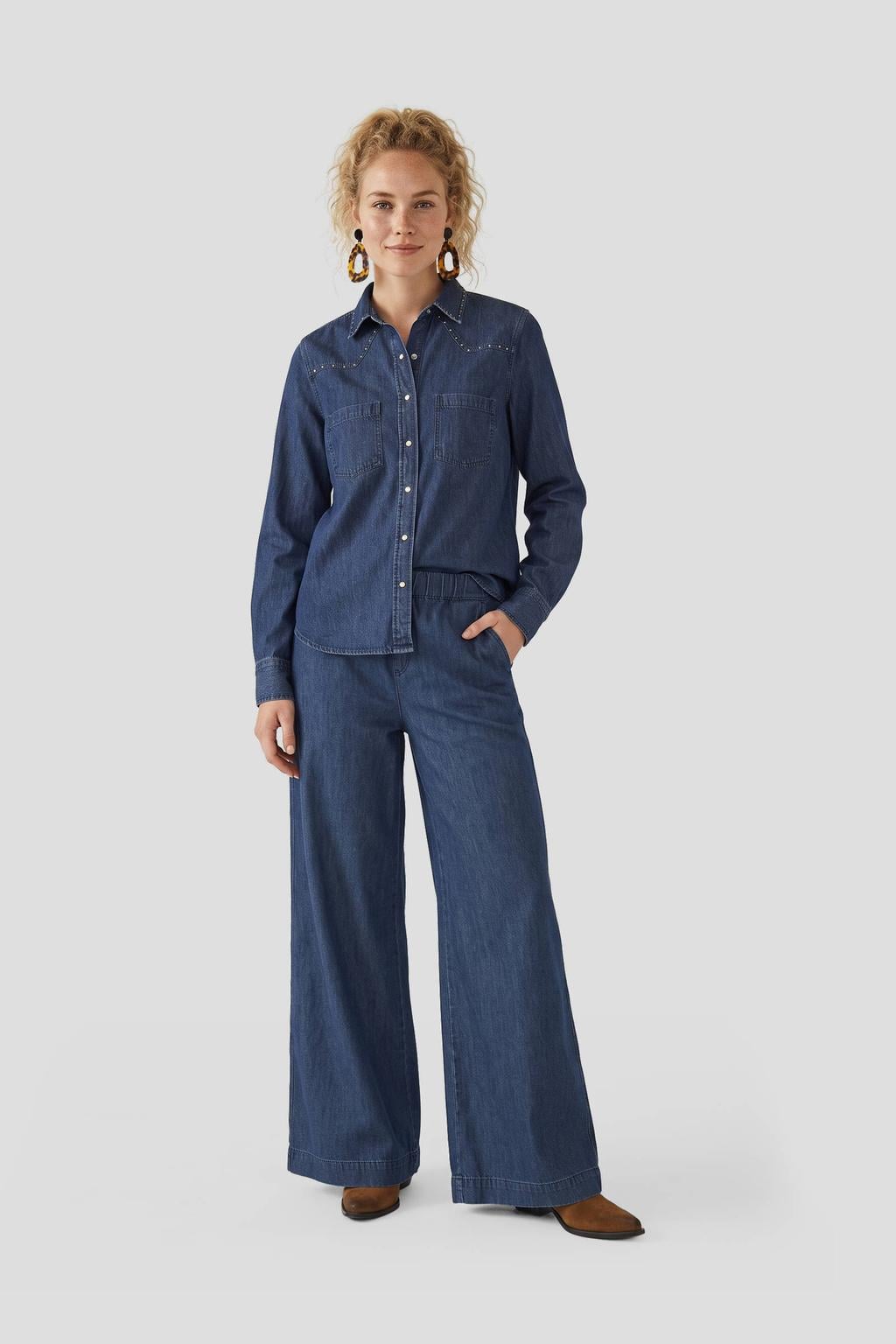 Donkerblauwe dames Anytime wide leg broek van denim met high waist en effen