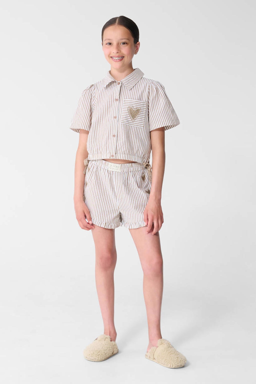 Bruine meisjes Shoeby gestreepte casual short van katoen met elastische tailleband