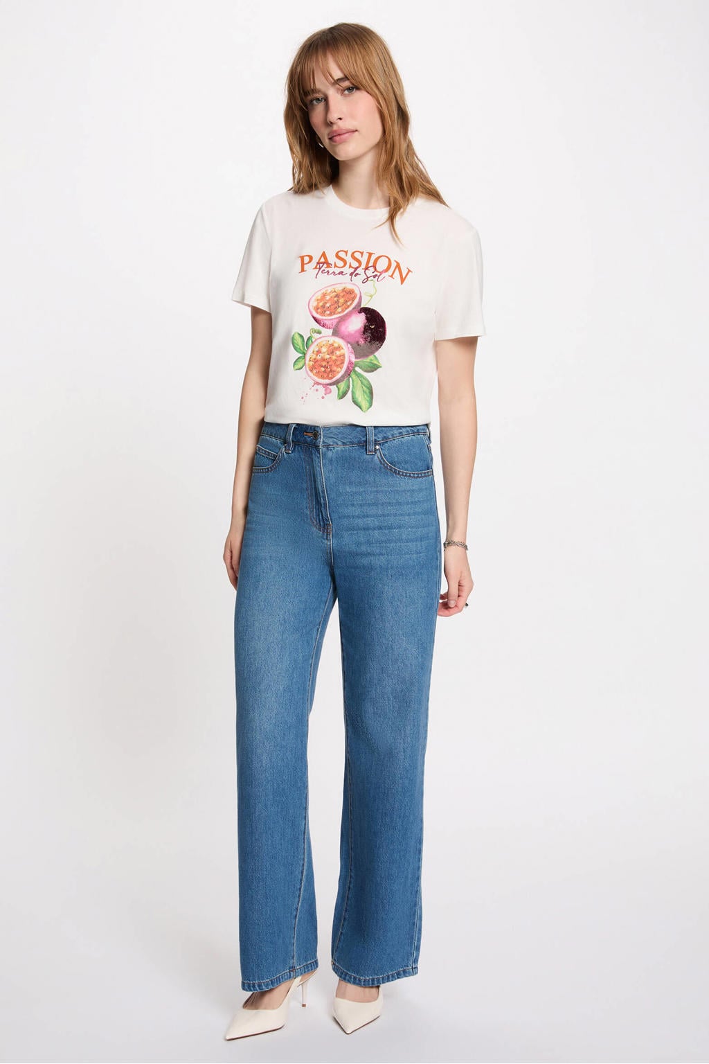 Witte dames Morgan T-shirt van katoen met printopdruk, korte mouwen en ronde hals