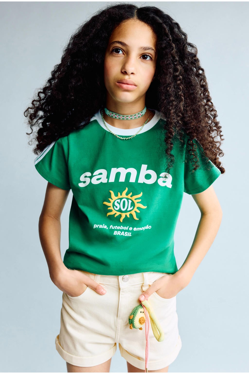 Lichtgele meisjes Mango Kids short van denim met rits- en knoopsluiting en effen