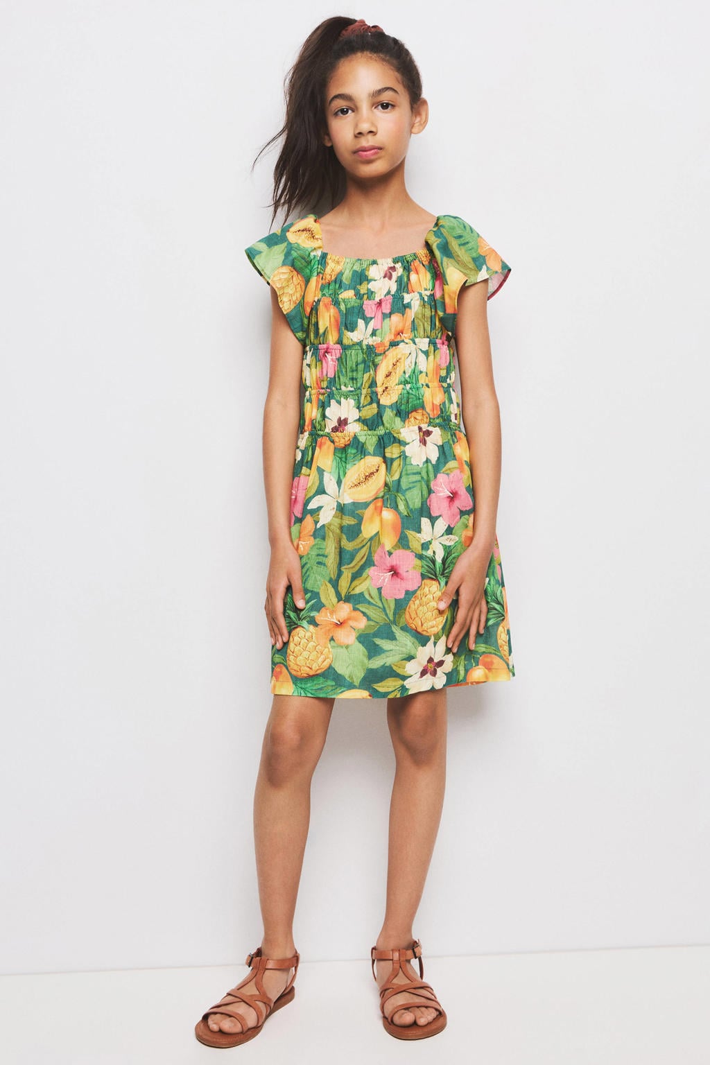 Groene meisjes Mango Kids midi jurk van katoen met korte mouwen en vierkante hals