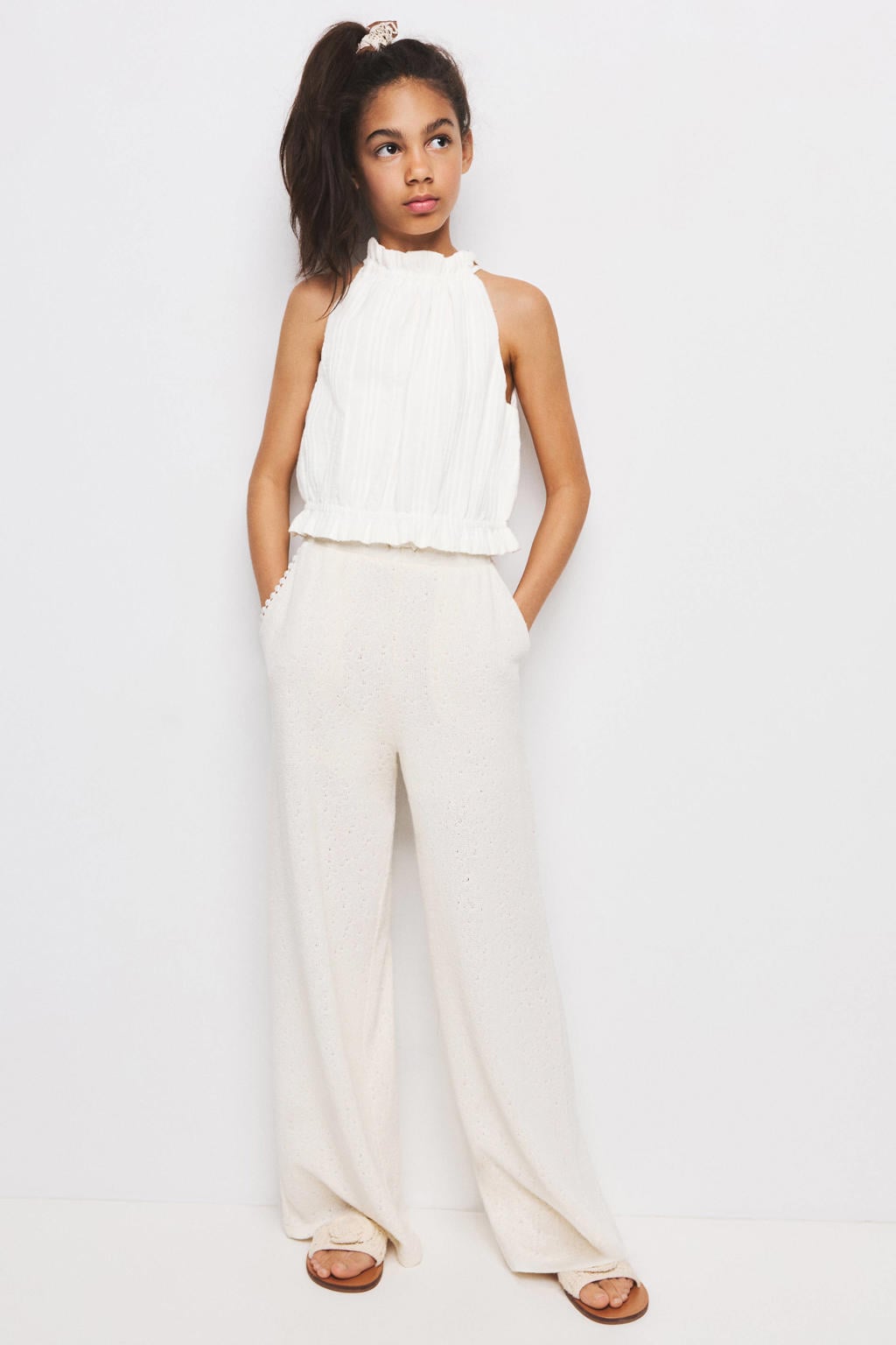 Witte meisjes Mango Kids haltertop van katoen met effen, knoopsluiting en ruches