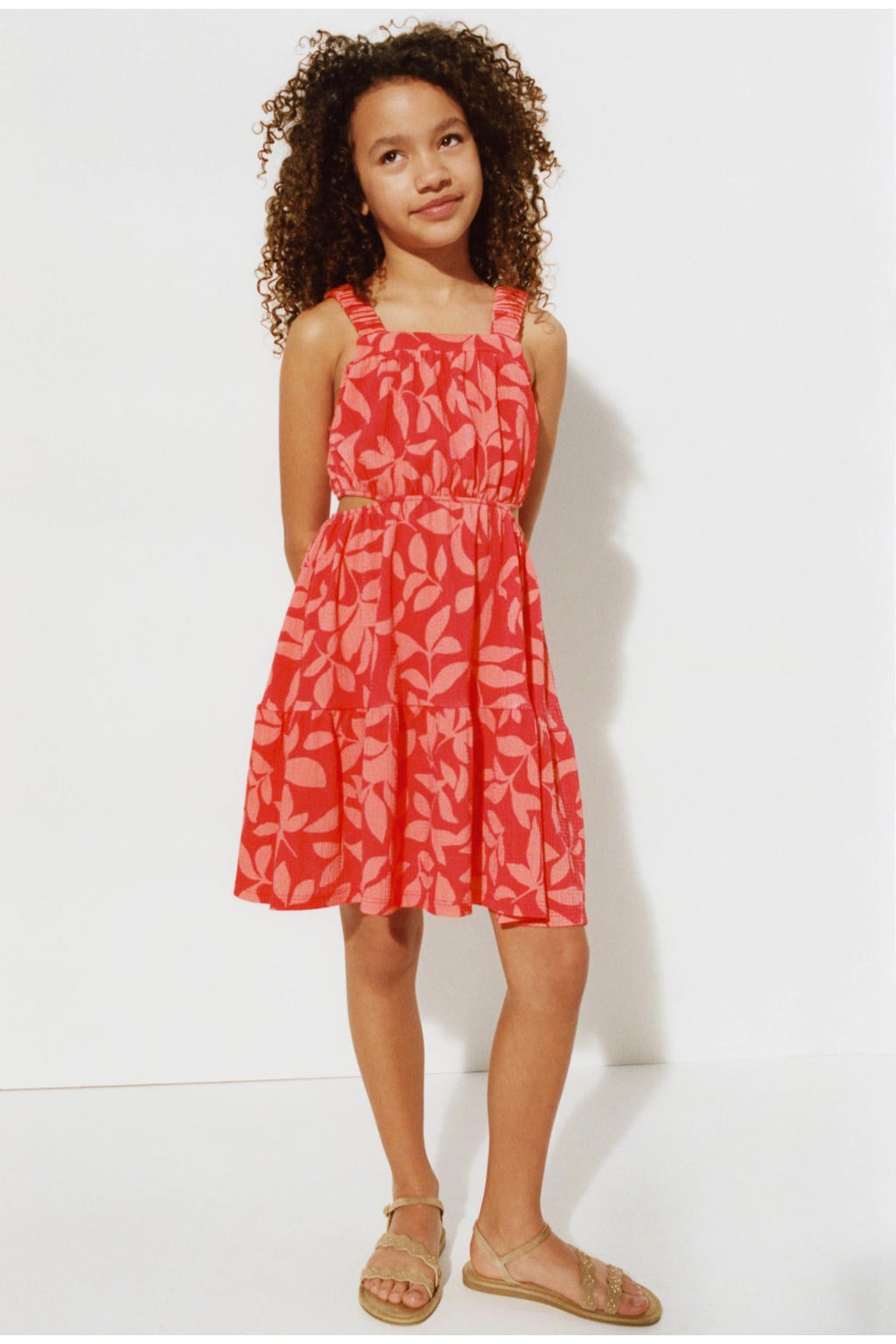 Rode meisjes Mango Kids korte jurk van polyester met vierkante hals en cut out