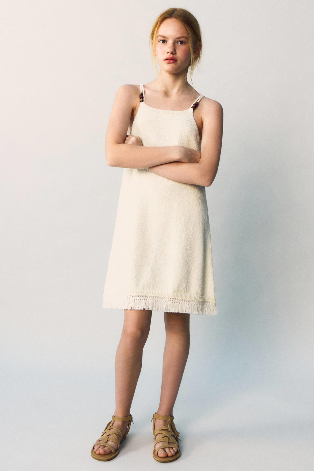 Witte meisjes Mango Kids zomerjurk van katoen met effen, spaghettibandjes en vierkante hals