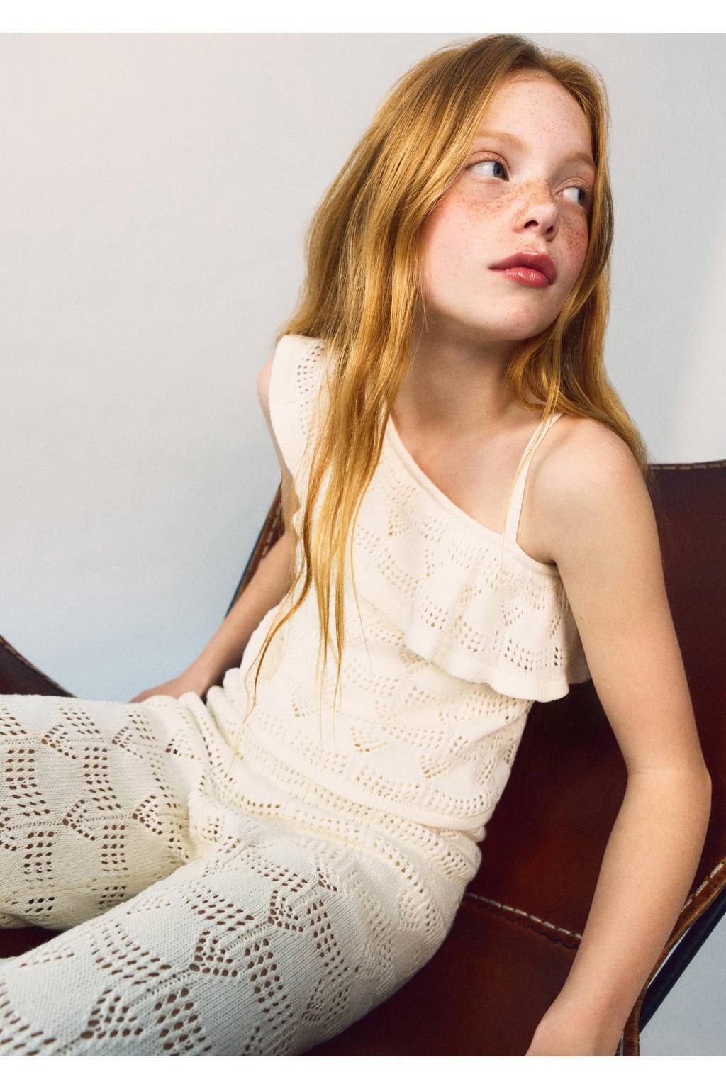 Ecru meisjes Mango Kids one shoulder top met effen