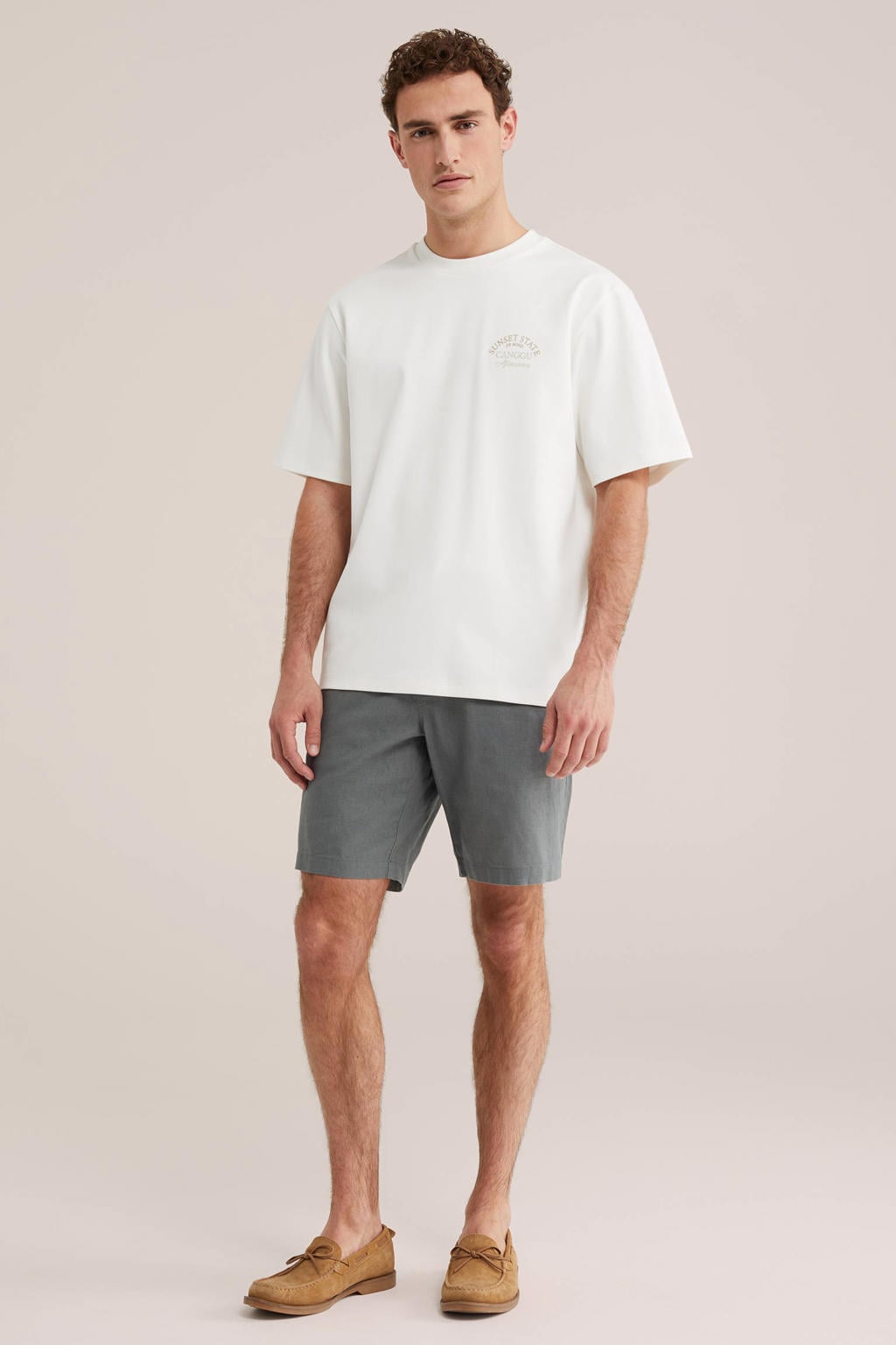 Ecru heren WE Fashion relaxed T-shirt van katoen met backprint, korte mouwen en ronde hals