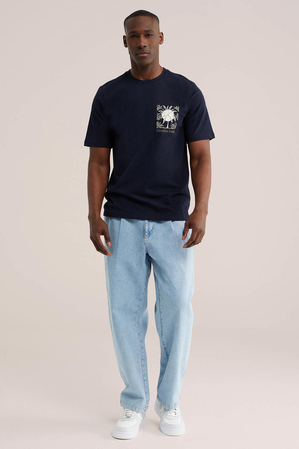 Donkerblauwe heren WE Fashion regular fit T-shirt van katoen met korte mouwen en ronde hals