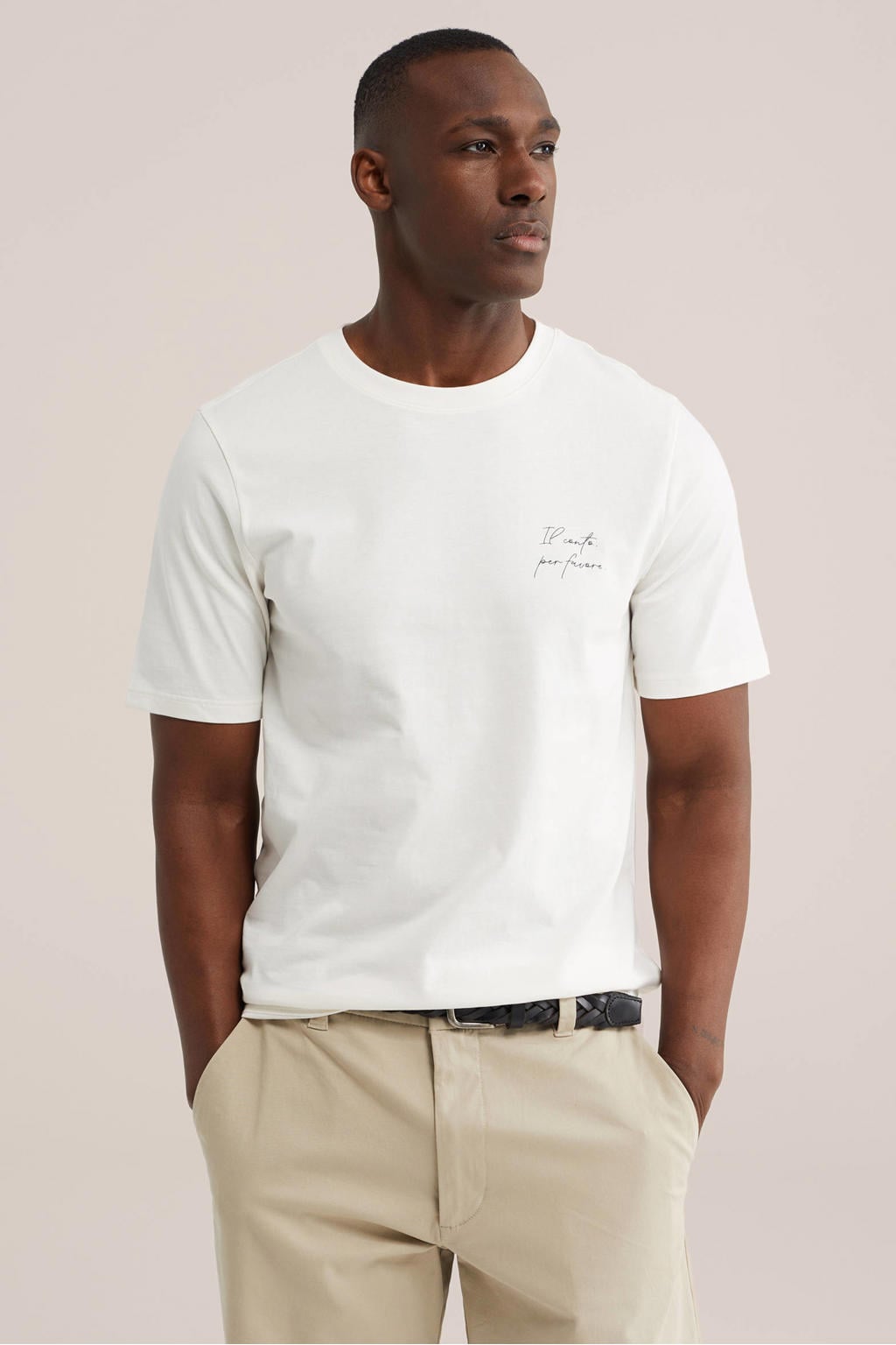 Ecru heren WE Fashion regular T-shirt van katoen met printopdruk, korte mouwen en ronde hals