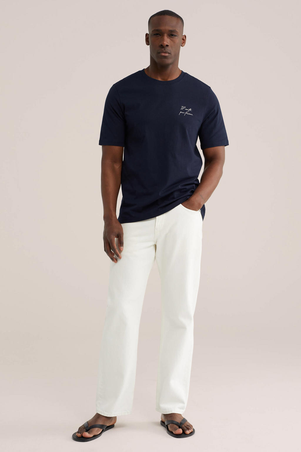 Donkerblauwe heren WE Fashion regular T-shirt van katoen met printopdruk, korte mouwen en ronde hals