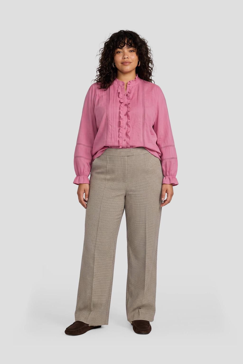 Oudroze dames GREAT LOOKS blouse van katoen met effen, lange mouwen, mao kraag, knoopsluiting en ruches