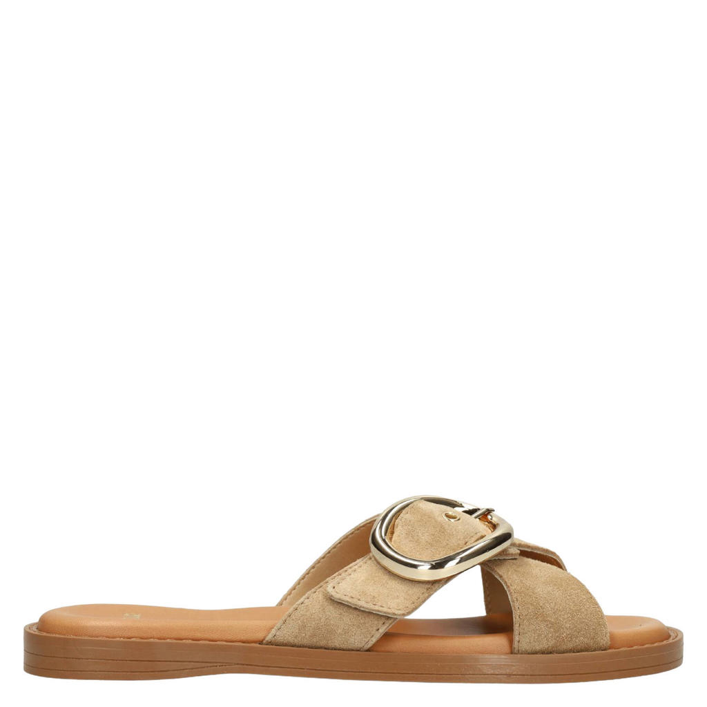 Beige dames Manfield suède slippers met gesp