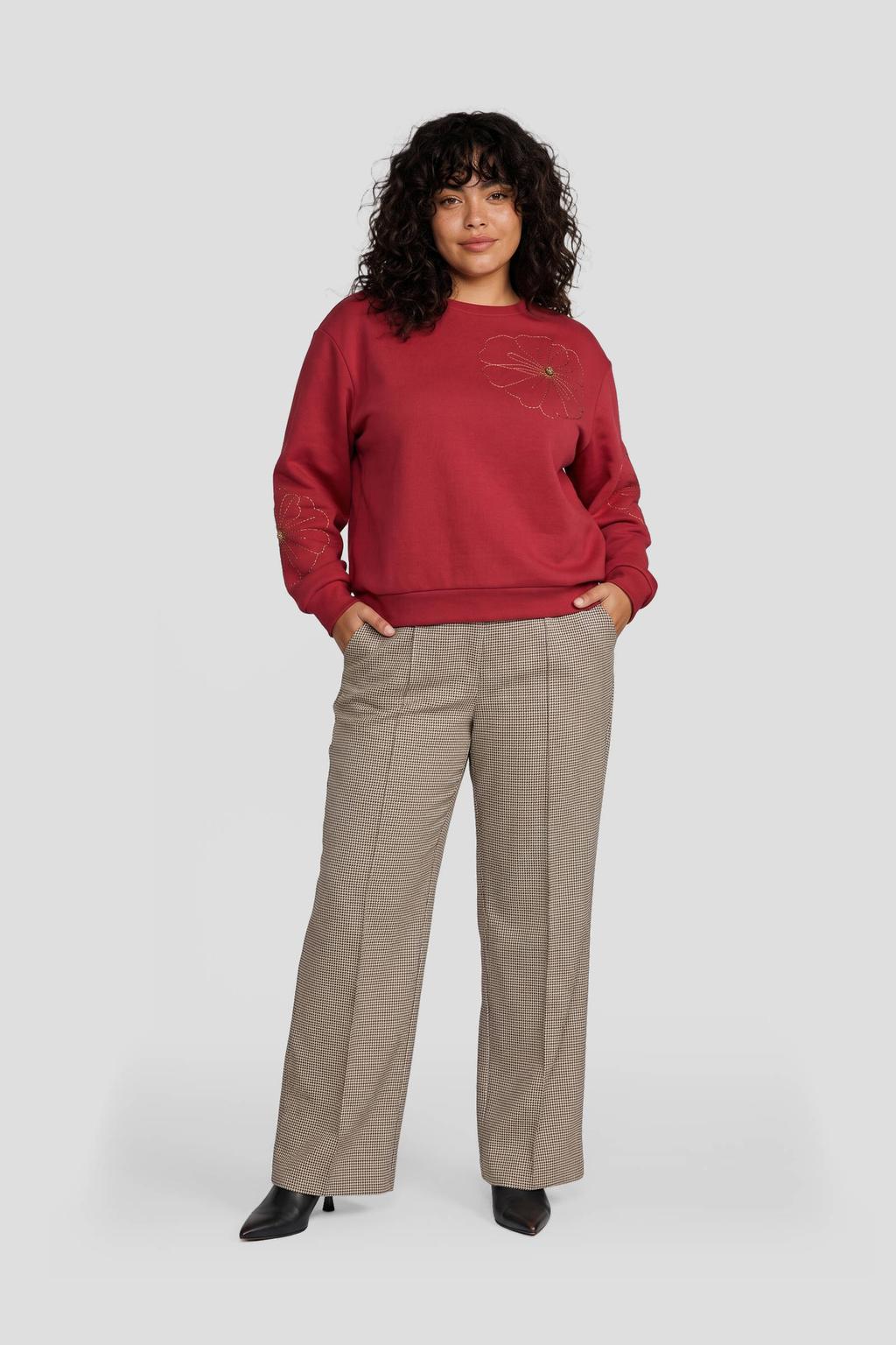 Rode dames GREAT LOOKS sweater met effen, lange mouwen, ronde hals en borduursels