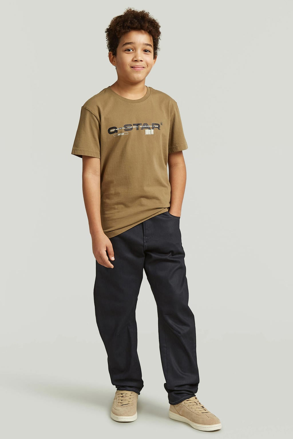 Dark blue denim jongens G-STAR tapered jeans van denim met rits- en knoopsluiting en effen