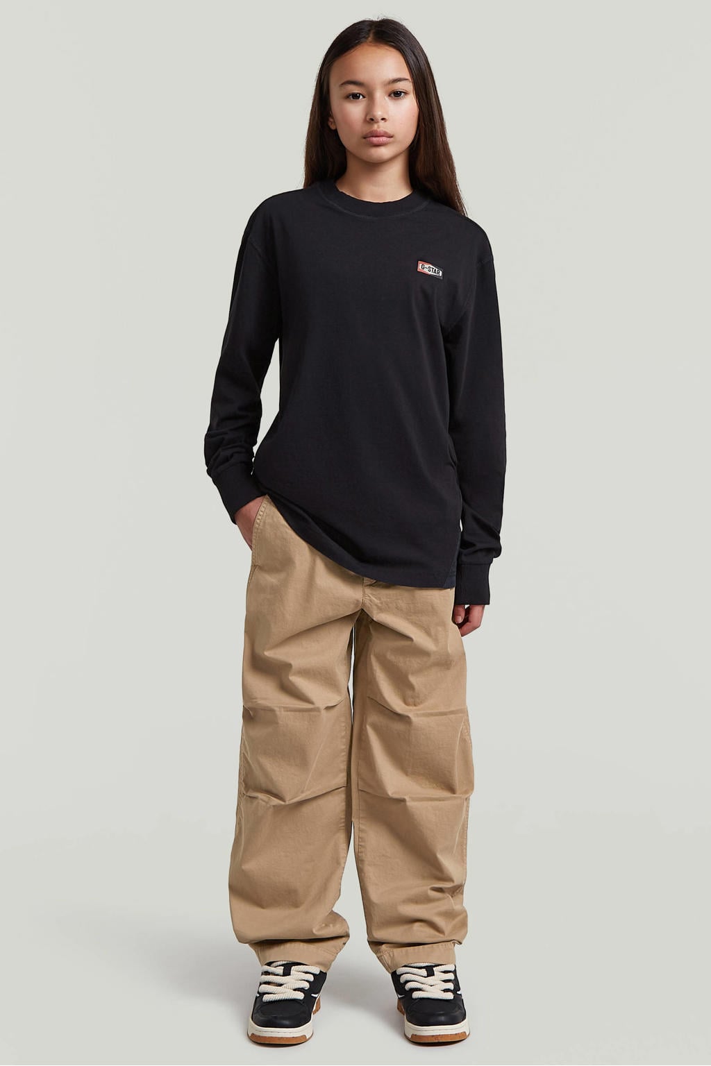 Zwarte meisjes G-STAR sweat longsleeve met effen, lange mouwen en ronde hals