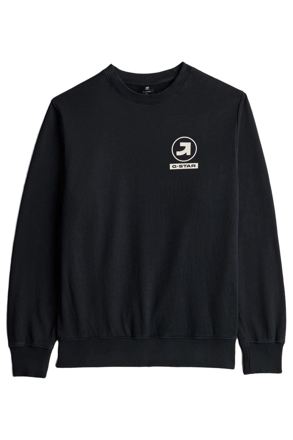 Donkerblauwe jongens G-STAR sweater met printopdruk, lange mouwen, ronde hals en geribde boorden